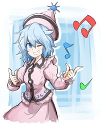 Rule 34 | 1girl, bad id, bad pixiv id, beamed quavers, blue eyes, blue hair, blush, clenched teeth, grin, hat, highres, kankan33333, matching hair/eyes, merlin prismriver, musical note, one eye closed, quaver, raised eyebrow, smile, solo, teeth, touhou