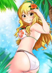 Rule 34 | 1girl, ;p, ahoge, ass, bikini, blonde hair, breasts, day, floral print, flower, from behind, green eyes, hair between eyes, hair flower, hair ornament, hibiscus, hoshii miki, idolmaster, idolmaster (classic), long hair, looking at viewer, looking back, medium breasts, momoda yasuhito, one eye closed, orange flower, outdoors, palm tree, shiny skin, sideboob, solo, standing, swimsuit, tongue, tongue out, tree, very long hair, white bikini
