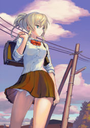 Rule 34 | 1girl, bad id, bad pixiv id, bag, blonde hair, blue eyes, blue sky, bow, bowtie, brown skirt, cloud, conductor, expressionless, looking afar, original, outdoors, over shoulder, pole, school bag, school uniform, shirt, short sleeves, skirt, sky, solo, standing, utility pole, washi no tosaka, white shirt, wind