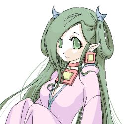 Rule 34 | 00s, 1girl, breasts, cleavage, earrings, gankutsuou, green eyes, green hair, hair rings, haydee (gankutsuou), japanese clothes, jewelry, large breasts, long hair, long sleeves, lowres, matching hair/eyes, medium breasts, neck ring, necklace, oekaki, pendant, pointy ears, simple background, smile, solo, white background