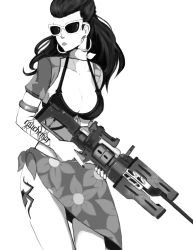 Rule 34 | 1girl, alternate costume, arm tattoo, bikini, breasts, choker, cleavage, collarbone, cote d&#039;azur widowmaker, cowboy shot, earrings, floral print, front-tie bikini top, front-tie top, greyscale, gun, highres, holding, holding gun, holding weapon, hoop earrings, jewelry, leg tattoo, long hair, looking to the side, medium breasts, mirrorofmystics, monochrome, nail polish, overwatch, overwatch 1, ponytail, ribbon choker, rifle, sarong, short sleeves, simple background, sketch, sniper rifle, solo, sunglasses, swimsuit, tattoo, trigger discipline, weapon, white background, widowmaker (overwatch)