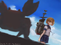 Rule 34 | 10s, 1girl, artist name, bandaid, bandaid on face, blue skirt, blue sky, brown hair, cloud, crab, dated, day, kantai collection, looking to the side, machinery, oboro (kancolle), school uniform, serafuku, short hair, short sleeves, skirt, sky, smokestack, solo, toka (marchlizard)