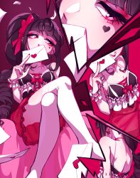 Rule 34 | 1girl, alternate costume, bare shoulders, black hair, bow, breasts, celestia ludenberg, collarbone, danganronpa: trigger happy havoc, danganronpa (series), dress, earrings, envelope, erlin 009, facial mark, feet out of frame, frilled dress, frills, hair bow, heart, heart earrings, highres, holding, jewelry, letter, long hair, love letter, medium breasts, multiple views, red background, red bow, red eyes, red skirt, sitting, skirt, symbol-shaped pupils, wrist cuffs