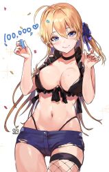 Rule 34 | 1girl, ahoge, alracoco, bare shoulders, black panties, blonde hair, blue eyes, blush, bow, breasts, choker, cleavage, closed mouth, collarbone, commentary request, confetti, earrings, fishnets, hair bow, hands up, head tilt, highleg, highleg panties, jewelry, large breasts, lips, midriff, mole, mole on breast, mole under mouth, navel, original, panties, short shorts, shorts, simple background, sleeveless, solo, sparkle, stomach, thighhighs, torn clothes, underwear, white background