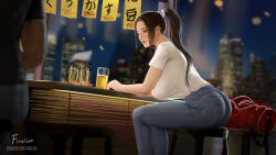 Rule 34 | 1girl, alcohol, artist name, bag, blush, breasts, brown eyes, building, casual, cup, denim, drinking glass, duffel bag, fatal fury, firolian, hair tie, high ponytail, highres, jeans, large breasts, leaning forward, looking at another, night, night sky, pants, parted lips, ponytail, restaurant, shiranui mai, shirt, short sleeves, sidelocks, sign, sitting, sky, skyscraper, snk, standing, the king of fighters, white shirt