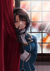 Rule 34 | 1girl, ascot, black gloves, black hair, breasts, commentary request, commission, curtains, gloves, hand on own face, highres, kantai collection, large breasts, looking at viewer, machi (ritovoyage), military, military uniform, red eyes, short hair, skeb commission, solo, takao (kancolle), twitter username, uniform, white ascot, window