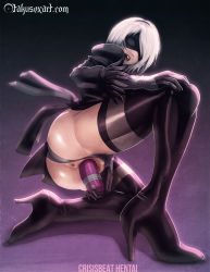 Rule 34 | 1girl, anus, artist name, ass, blindfold, clothing aside, crisisbeat, dildo, dress, feather-trimmed sleeves, female focus, female masturbation, gloves, highres, huge ass, leotard, leotard aside, masturbation, nier (series), nier:automata, object insertion, open mouth, pussy, sex toy, shiny skin, short hair, solo, thighhighs, thong leotard, uncensored, vaginal, vaginal object insertion, watermark, web address, white hair, 2b (nier:automata)