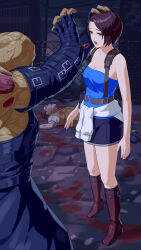 1girl 2boys black_skirt blood blue_eyes boots breasts brown_footwear brown_hair chain-link_fence cleavage commentary_request death defeat fence highres jill_valentine miniskirt multiple_boys nemesis_(resident_evil) open_mouth resident_evil resident_evil_3:_nemesis saliva short_hair skirt yagi2013