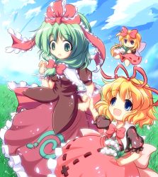 Rule 34 | 2girls, :x, blonde hair, blue eyes, child, day, doll, dress, female focus, flower, front ponytail, green eyes, green hair, hair ribbon, highres, holding another&#039;s wrist, kagiyama hina, lily of the valley, medicine melancholy, multiple girls, nullpooo, open mouth, ribbon, sky, smile, touhou, wrist cuffs