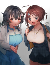 Rule 34 | 2girls, ahoge, black hair, black jacket, black skirt, blue dress, breasts, brown hair, chougei (kancolle), collarbone, commentary request, dress, gradient background, hair bun, hair flaps, hair ornament, hairclip, highres, jacket, jewelry, jingei (kancolle), kantai collection, kirisawa juuzou, large breasts, long hair, medium hair, multiple girls, necklace, official alternate costume, open clothes, open jacket, open mouth, red eyes, shirt, simple background, skirt, upper body, whale hair ornament, white background, white jacket, white shirt