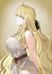 Rule 34 | 1girl, belly chain, belt, black ribbon, blonde hair, blue eyes, bracelet, breasts, brown belt, character request, commentary, copyright request, cowboy shot, dress, grey dress, hair ribbon, jewelry, jun (navigavi), large breasts, long hair, neck ring, ribbon, smile, solo, standing, very long hair