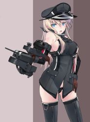 Rule 34 | 10s, 1girl, bad id, bad nicoseiga id, bare shoulders, bismarck (kancolle), bismarck drei (kancolle), black panties, blonde hair, blue eyes, breasts, brown gloves, female focus, fujibejifu, gloves, grey thighhighs, hand on own hip, hat, holding, kantai collection, large breasts, long hair, military, military uniform, panties, peaked cap, revision, sideboob, simple background, solo, thighhighs, turret, underwear, uniform