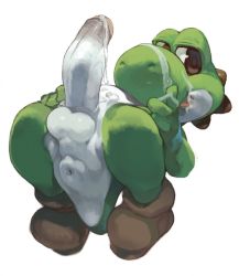 Rule 34 | 1boy, anus, cum, erection, half-closed eyes, highres, male focus, mario (series), naughty face, nintendo, no humans, nude, orgasm, penis, shoes, simple background, solo, spikes, super mario bros. 1, testicles, tongue, uncensored, yoshi