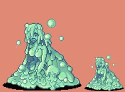Rule 34 | 1girl, breasts, bubble, bubble slime (monster girl encyclopedia), exet, large breasts, lowres, monster girl, monster girl encyclopedia, open mouth, pixel art, sad, slime (substance), slime girl, solo, transparent background