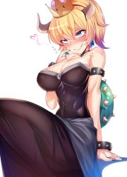 Rule 34 | 1girl, abs, armlet, bare shoulders, black dress, black nails, blonde hair, blue eyes, blue gemstone, borrowed design, bowsette, bracelet, breasts, cleavage, collar, crown, dress, earrings, fingernails, flying sweatdrops, gem, highres, horns, jewelry, large breasts, mario (series), nail polish, new super mario bros. u deluxe, nintendo, ponytail, scratching cheek, sharp fingernails, sharp teeth, shiny skin, silly (marinkomoe), simple background, sitting, smile, spiked armlet, spiked bracelet, spiked collar, spikes, super crown, teeth, thick eyebrows, toned, turtle shell, white background