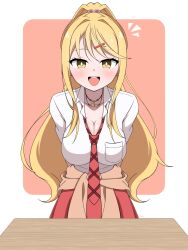 1girl blonde_hair blush breasts brown_cardigan cardigan cardigan_around_waist class_no_daikirai_na_joshi_to_kekkon_suru_koto_ni_natta. cleavage clothes_around_waist collarbone commentary_request desk gyaru highres ishikura_himari jewelry komemimi_0523 large_breasts long_hair looking_at_viewer necklace necktie notice_lines open_mouth plaid_clothes plaid_necktie ponytail red_necktie school_desk school_uniform shirt skirt smile solo standing white_shirt