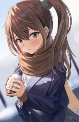 Rule 34 | 1girl, bag, blazer, blue jacket, blurry, blurry background, blush, brown eyes, brown hair, brown scarf, closed mouth, commentary request, depth of field, fringe trim, grey skirt, hair between eyes, highres, holding, jacket, long hair, long sleeves, looking at viewer, may9, original, pleated skirt, scarf, school bag, school uniform, shirt, side ponytail, sidelocks, skirt, sleeves past wrists, solo, valentine, white shirt