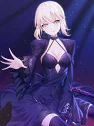 Rule 34 | 1girl, arm support, artoria pendragon (all), artoria pendragon (fate), between legs, black dress, black gloves, black thighhighs, blonde hair, breasts, cleavage, collarbone, commentary request, dress, excalibur morgan (fate), fate/grand order, fate (series), frilled sleeves, frills, gloves, halter dress, halterneck, head tilt, highres, light particles, long sleeves, looking at viewer, medium breasts, outstretched hand, parted lips, pov, pov hands, ririko (zhuoyandesailaer), saber alter, short hair, sitting, sleeves past wrists, solo, sword, thighhighs, weapon, wide sleeves, yellow eyes