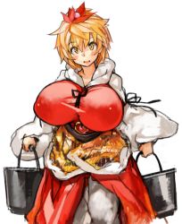 Rule 34 | 1girl, animal print, black ribbon, blonde hair, blush, breasts, bucket, covered erect nipples, hair ornament, holding, huge breasts, long sleeves, open mouth, perky breasts, ribbon, sachito, short hair, smile, solo, tiger print, toramaru shou, touhou, wide sleeves, yellow eyes