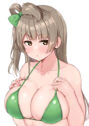 Rule 34 | 1girl, absurdres, bare arms, bikini, blunt bangs, blush, breasts, brown eyes, brown hair, cleavage, commentary request, green bikini, hair ribbon, highres, long hair, looking at viewer, love live!, medium breasts, minami kotori, open mouth, ribbon, shinonon (iso shino), simple background, skindentation, solo, swimsuit, triangle mouth, upper body, white background