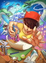 Rule 34 | 1girl, asteroid, backwards hat, bandana, baseball cap, blue fire, breasts, brown hair, desk, dog, dragon, drawing, eastern dragon, fire, foreshortening, hair over eyes, hat, highres, karla diaz castro, original, outstretched hand, pencil, shirt, solo, sunglasses, t-shirt