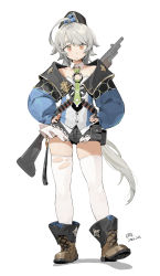 Rule 34 | 1girl, absurdres, ahoge, black shorts, boots, brown footwear, closed mouth, dated, frilled shorts, frills, green necktie, gun, hands on own hips, hat, highres, jacket, long hair, necktie, orange eyes, original, ponytail, pouch, shadow, short shorts, shorts, signature, skindentation, solo, standing, sweat, thighhighs, waterkuma, weapon, weapon on back, white thighhighs