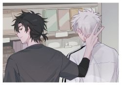 Rule 34 | 2boys, black hair, black shirt, border, brown eyes, cheng xiaoshi, closed mouth, from behind, highres, indoors, layered sleeves, long sleeves, looking at viewer, looking back, lu guang, male focus, mr yheu, multiple boys, ponytail, shelf, shiguang dailiren, shirt, short hair, short over long sleeves, short sleeves, smile, symbol-only commentary, v, white border, white hair, white shirt