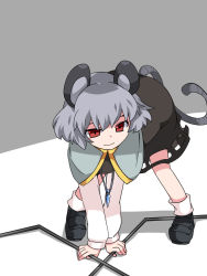 Rule 34 | 1girl, all fours, animal ears, commentary request, dowsing rod, grey hair, hammer (sunset beach), jewelry, leaning forward, loafers, looking at viewer, mouse ears, mouse tail, nazrin, pendant, red eyes, shoes, short hair, skirt, skirt set, smile, solo, tail, touhou