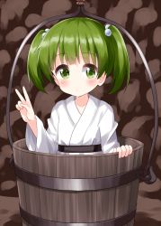 Rule 34 | 1girl, basket, belt, black belt, blush, brown background, closed mouth, dress, green eyes, green hair, hand up, highres, japanese clothes, kimono, kisume, long sleeves, looking to the side, rock, ruu (tksymkw), short hair, short twintails, solo, touhou, twintails, v, white dress, white kimono, white sleeves