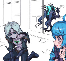 Rule 34 | 1boy, 1girl, ahoge, black gloves, black jacket, black pants, black sclera, blue eyes, blue hair, closed mouth, collarbone, colored sclera, colored skin, drill hair, eulogy of the isles, floating, ghost, gloves, grey hair, grey skin, gwen (league of legends), hand up, jacket, league of legends, long hair, open clothes, open jacket, pants, phantom ix row, short hair, smoking, twin drills, twintails, viego (league of legends), white background