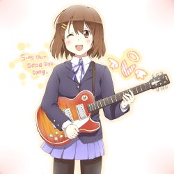 Rule 34 | 1girl, any (artist), any (lucky denver mint), bad id, bad pixiv id, brown eyes, brown hair, guitar, highres, hirasawa yui, instrument, k-on!, one eye closed, pantyhose, school uniform, short hair, solo, tears, wink