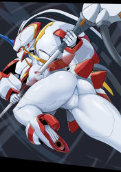 Rule 34 | 1girl, android, armor, ass, breasts, cameltoe, closed mouth, colored skin, darling in the franxx, flying, from side, highres, horns, large breasts, mecha, nipples, pauldrons, pochincoff, profile, robot, shoulder armor, sideways mouth, single horn, solo, strelizia, white skin
