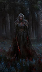 Rule 34 | 1girl, absurdres, blood, blood on clothes, blood on face, cape, closed mouth, dress, earrings, expressionless, forest, full body, grey hair, highres, holding, holding sword, holding weapon, jewelry, long hair, looking at viewer, nature, night, original, sanghyun kam, solo, standing, sword, weapon