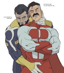 Rule 34 | 2boys, beard, black eyes, black hair, blue bodysuit, blue eyes, bodysuit, bonjourdraws, bulge, bulge press, bulges touching, cape, crossed arms, english text, facial hair, grey hair, highres, invincible (series), looking at another, mature male, medium hair, multicolored bodysuit, multicolored clothes, multicolored hair, multiple boys, muscular, muscular male, mustache, neck grab, nolan grayson, omni-man, red bodysuit, red cape, short hair, simple background, smile, standing, superhero costume, teeth, the immortal (invincible), thick mustache, two-tone bodysuit, white background, white bodysuit, wrinkled skin, yaoi, yellow bodysuit