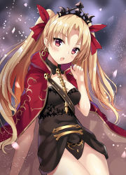 Rule 34 | 1girl, :o, arm support, bad id, bad pixiv id, black dress, blonde hair, blush, breasts, cape, detached collar, dress, earrings, ereshkigal (fate), fate/grand order, fate (series), gold trim, hair ribbon, hand up, harimoji, head tilt, highres, jewelry, long hair, looking at viewer, looking to the side, medium breasts, red cape, red eyes, red ribbon, ribbon, short dress, skull, solo, spine, thighs, tiara, tohsaka rin, twintails, two side up