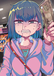 Rule 34 | 1girl, absurdres, aoi kujira, banknote, black hair, cardigan, ceiling, ceiling light, clenched teeth, collarbone, commentary request, crying, crying with eyes open, fingernails, fisheye, furrowed brow, green eyes, half-closed eyes, hand up, highres, holding, holding money, hood, hood down, hooded cardigan, indoors, long sleeves, looking at viewer, medium hair, money, original, ringed eyes, shirt, snot, solo, streaming tears, sweat, tears, teeth, trembling, unhappy, zipper, zipper pull tab