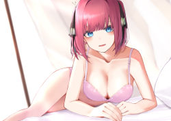 Rule 34 | 1girl, absurdres, bare arms, black ribbon, blue eyes, blunt bangs, blush, bra, breasts, butterfly hair ornament, cleavage, collarbone, eyebrows hidden by hair, feet out of frame, go-toubun no hanayome, hair ornament, hair ribbon, highres, jun (30409972), looking at viewer, lying, medium breasts, nakano nino, on bed, on side, open mouth, panties, pink bra, pink hair, pink panties, ribbon, short hair, solo, thighs, underwear