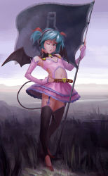 Rule 34 | 1girl, alternate hair length, alternate hairstyle, aqua eyes, aqua hair, bat wings, belt, breasts, cleavage cutout, clothing cutout, demon tail, doyora, elbow gloves, fingerless gloves, flag, flagpole, garter straps, gloves, hair ribbon, hand on own hip, hatsune miku, heart, heart cutout, heart hunter, navel, one eye closed, project diva, project diva (series), ribbon, short hair, skirt, skirt set, small breasts, solo, tail, thighhighs, vocaloid, wings