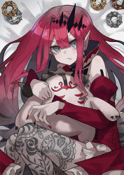 Rule 34 | 1girl, baobhan sith (fate), baobhan sith (first ascension) (fate), bare shoulders, breasts, cernunnos (fate), coin, detached collar, detached sleeves, dress, earrings, fate/grand order, fate (series), grey eyes, highres, jewelry, katsu (katsupainter), large breasts, long hair, looking at viewer, morgan le fay (fate), pink hair, pointy ears, red dress, sidelocks, solo, stuffed toy, thighs, tiara