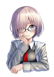 Rule 34 | 1girl, bad id, bad pixiv id, black-framed eyewear, black dress, blush, breasts, closed mouth, collared dress, commentary request, cropped torso, dress, fate/grand order, fate (series), glasses, glasses over hair, hair over one eye, hand on own face, hand up, highres, hood, hood down, hooded jacket, jacket, mash kyrielight, medium breasts, mishiro (ixtlolton), necktie, open clothes, open jacket, purple eyes, purple hair, red necktie, simple background, smile, solo, upper body, white background, white jacket