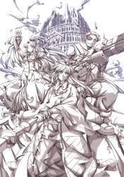 Rule 34 | 1boy, 2girls, building, dress, gloves, greyscale, gun, highres, lance, long hair, looking at viewer, meiz, monochrome, multiple girls, outdoors, polearm, shell casing, standing, very long hair, weapon