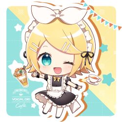 Rule 34 | 1girl, alternate costume, apron, aqua eyes, black dress, black footwear, blonde hair, bow, cafe, chibi, coffee cup, coffee maker, collared dress, copyright name, cup, disposable cup, dress, enmaided, frilled apron, frills, full body, hair ornament, hairband, hairclip, highres, kagamine rin, maid, maid apron, maid headdress, one eye closed, open mouth, puffy short sleeves, puffy sleeves, shoes, short hair, short sleeves, star (symbol), takashina taaa, thighhighs, vocaloid, white apron, white thighhighs
