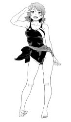 Rule 34 | 1girl, bare shoulders, barefoot, breasts, collarbone, fukudahda, full body, greyscale, medium breasts, medium hair, monochrome, one-piece swimsuit, open mouth, salute, skirt, solo, swimsuit, watanabe you, wavy hair