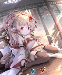 Rule 34 | 1girl, animal ears, bandeau, bare shoulders, beads, bird, black thighhighs, blonde hair, card, chicken, detached sleeves, earrings, gem, granblue fantasy, hair beads, hair ornament, hand on own stomach, harvin, highres, jewelry, khell, long hair, looking at viewer, mahira (granblue fantasy), marble (toy), midriff, navel, no shoes, pelvic curtain, playing card, ponytail, red eyes, sitting, solo, thighhighs, thighs, wariza, white sleeves, wooden floor