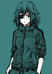 Rule 34 | 10s, 1girl, alternate costume, belt, casual, contemporary, eyepatch, green theme, hands in pockets, jacket, kantai collection, kiso (kancolle), kouji (campus life), looking at viewer, monochrome, short hair, simple background, sketch, solo