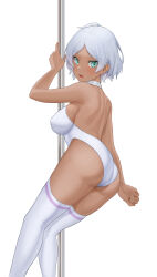 Rule 34 | 1girl, absurdres, ailae, ass, backless leotard, blush, breasts, dark-skinned female, dark skin, feet out of frame, grey hair, gundam, gundam suisei no majo, highres, holding, holding pole, large breasts, leotard, looking at viewer, looking back, median furrow, pole, pole dancing, secelia dote, short hair, simple background, stripper pole, thighhighs, tongue, tongue out, white background, white leotard, white thighhighs