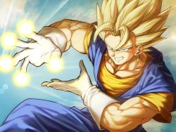 Rule 34 | 1boy, blonde hair, blue sky, dragon ball, dragonball z, earrings, energy, fighting stance, gloves, green eyes, grin, highres, incoming attack, jewelry, looking at viewer, male focus, mattari illust, muscular, open hands, potara earrings, sky, smile, solo, spiked hair, super saiyan, super saiyan 1, vegetto, white gloves