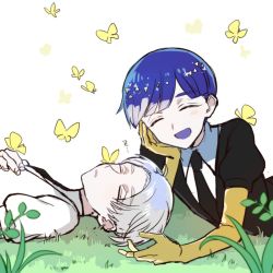 Rule 34 | 2others, androgynous, blue hair, blunt bangs, bug, butterfly, cairngorm (houseki no kuni), closed eyes, gem uniform (houseki no kuni), golden arms, grass, grey hair, happy, head rest, houseki no kuni, insect, lying, multiple others, necktie, on back, on stomach, open mouth, phosphophyllite, phosphophyllite (ll), short hair, sleeping, smile, spoilers, thick eyebrows, tpi ri, white background