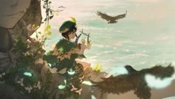 Rule 34 | 1boy, absurdres, bird, black hair, blue sky, braid, cape, chinese commentary, commentary request, day, falling feathers, feathers, flower, full body, genshin impact, green cape, green eyes, green hat, green shorts, hat, highres, holding, holding instrument, instrument, long hair, long sleeves, looking at viewer, looking back, lyre, male focus, multicolored hair, ocean, outdoors, pantyhose, pantyhose under shorts, parted lips, plant, rock, shirt, shorts, sitting, sky, smile, solo, streaked hair, twin braids, venti (genshin impact), vines, white flower, white pantyhose, white shirt, xilmo