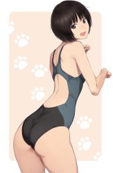 Rule 34 | 1girl, amagami, ass, black one-piece swimsuit, border, brown eyes, brown hair, clip studio paint (medium), commentary request, competition swimsuit, from behind, kemonomimi mode, looking at viewer, one-piece swimsuit, open mouth, painttool sai (medium), paw pose, paw print, photoshop (medium), pink background, serizawa (serizawaroom), short hair, smile, solo, swimsuit, tachibana miya, two-tone background, white border